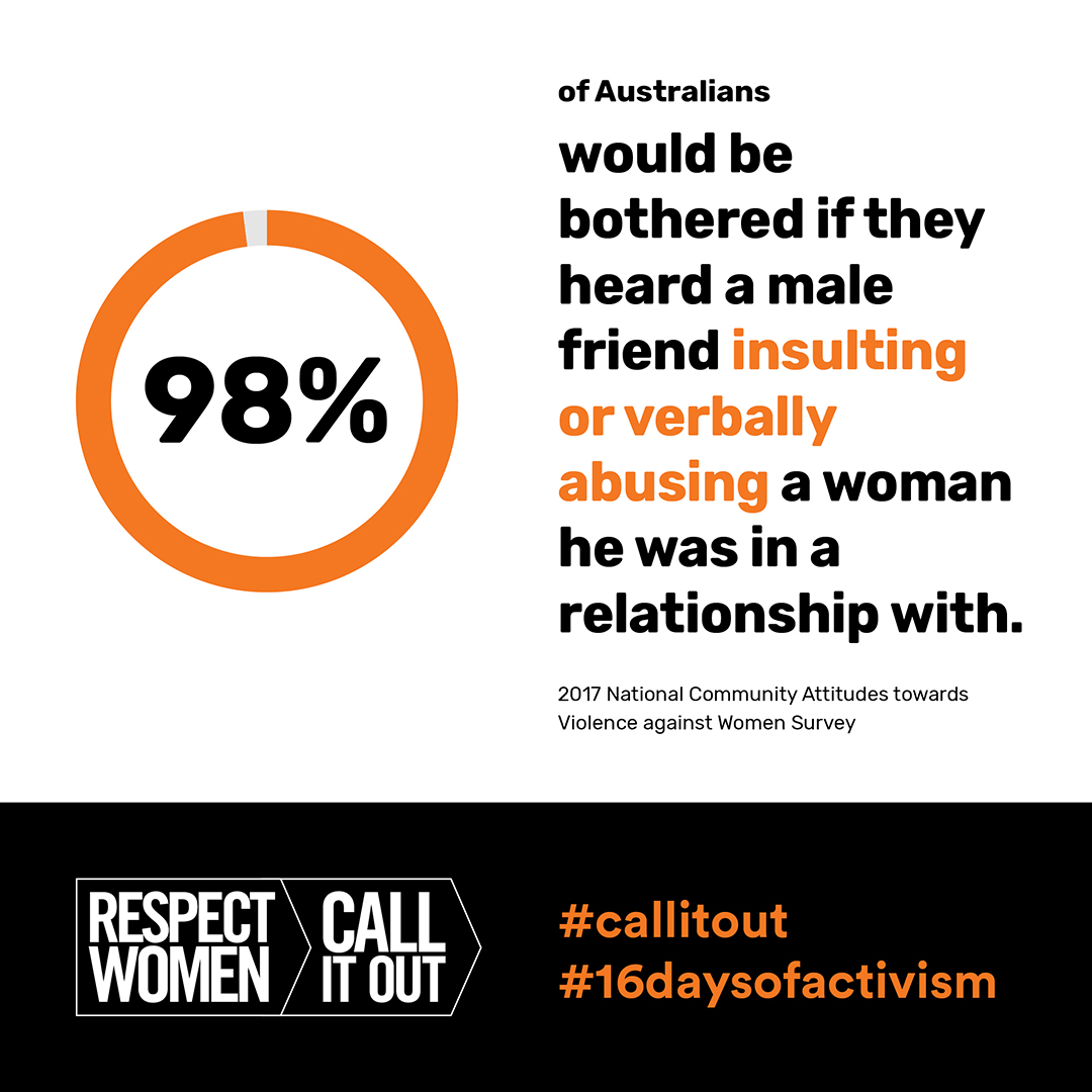 statistic from national community attitudes survey, 98% of Australians feel bothered when male friends insult their partners.