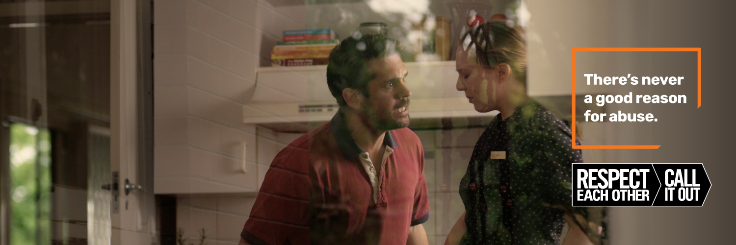 Respect each other campaign image, man verbally abusing woman standing in kitchen