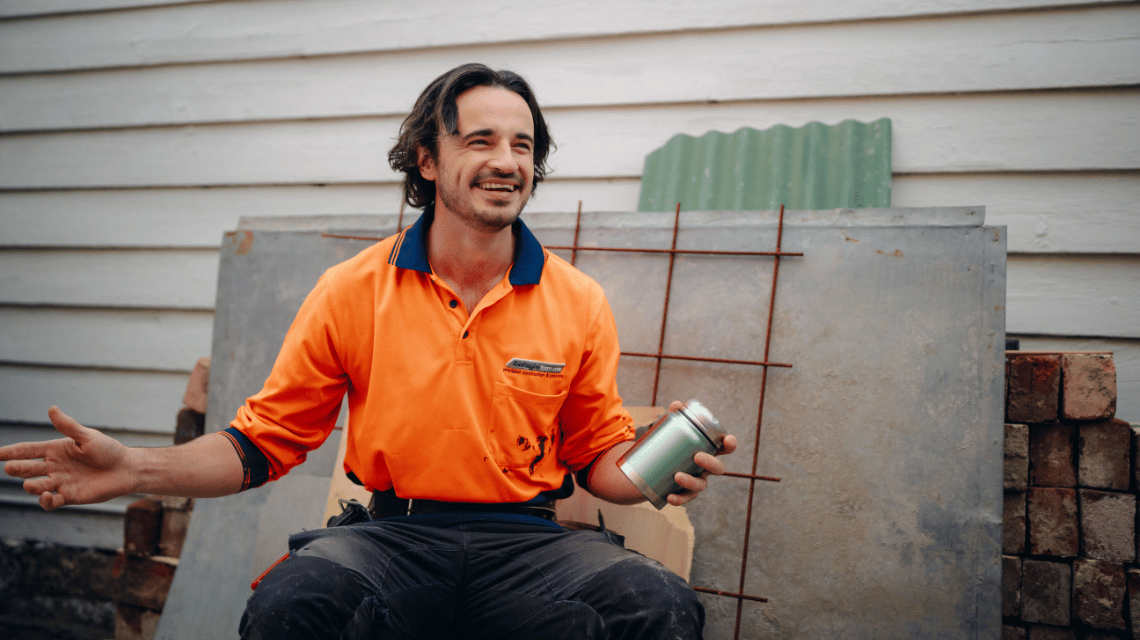 Jack, a What Kind of Man Do You Want to Be participant, appears to be telling an amusing story, while on a building site.