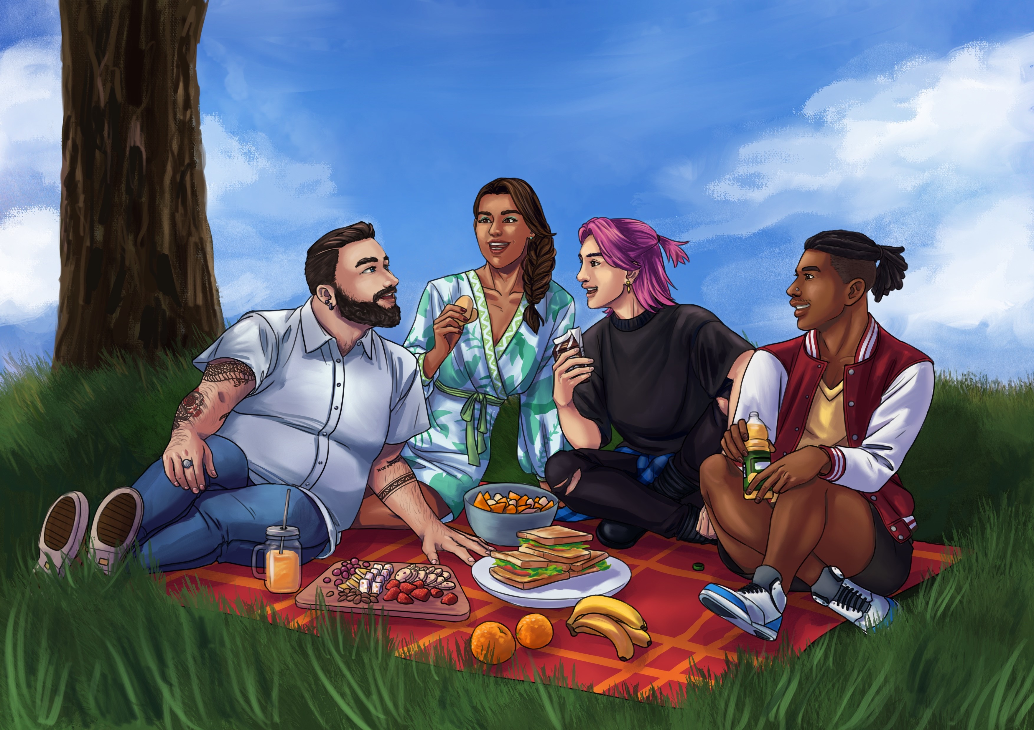 An illustration from the Transfemme project of a group of young adults having a picnic.