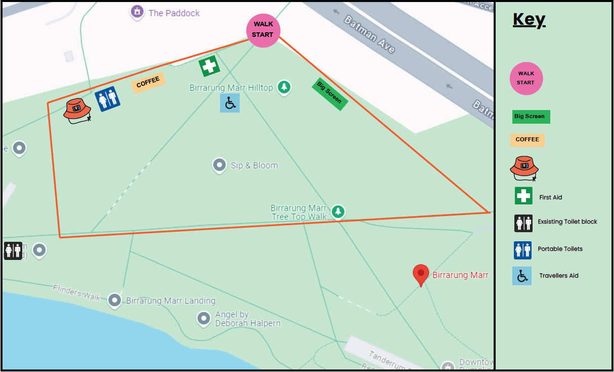 Map of Birrarung Marr (Upper Terrace) annotated with Walk Against Family Violence site map.