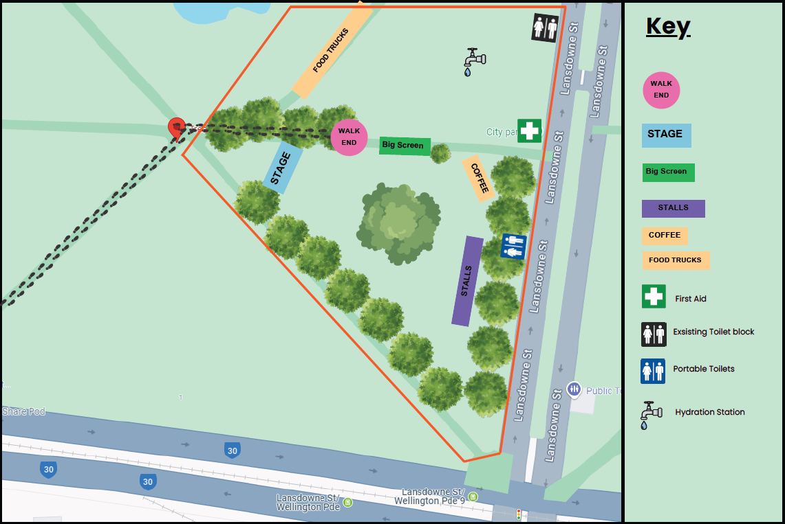 Map of Treasury Gardens annotated with Walk Against Family Violence site map.