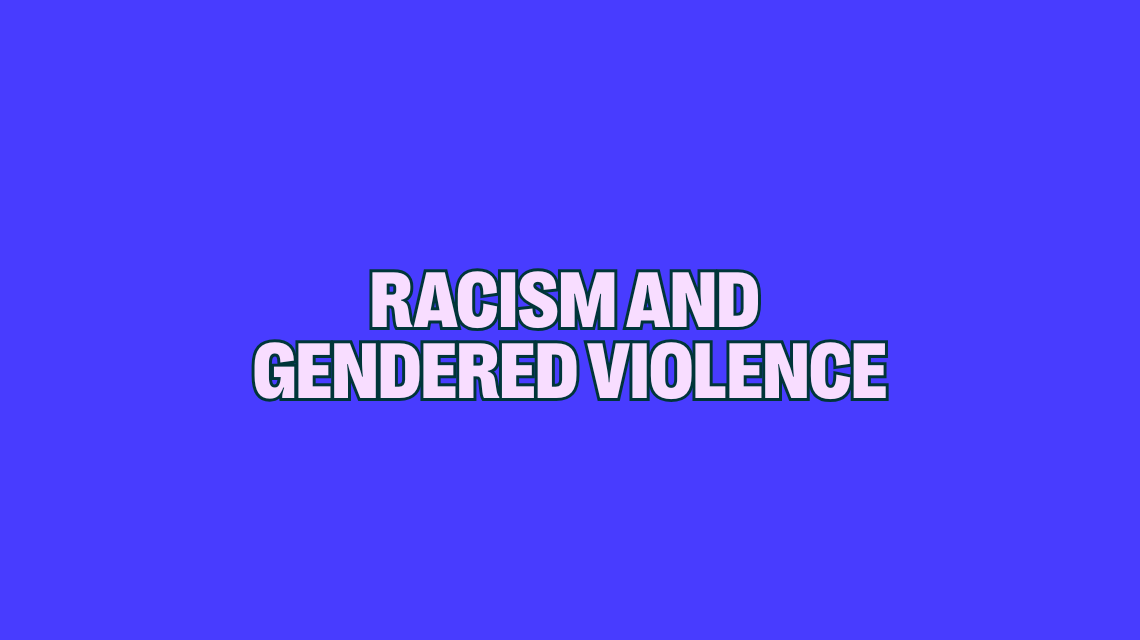 Violet text on a blue tile says 'Racism and gendered violence'