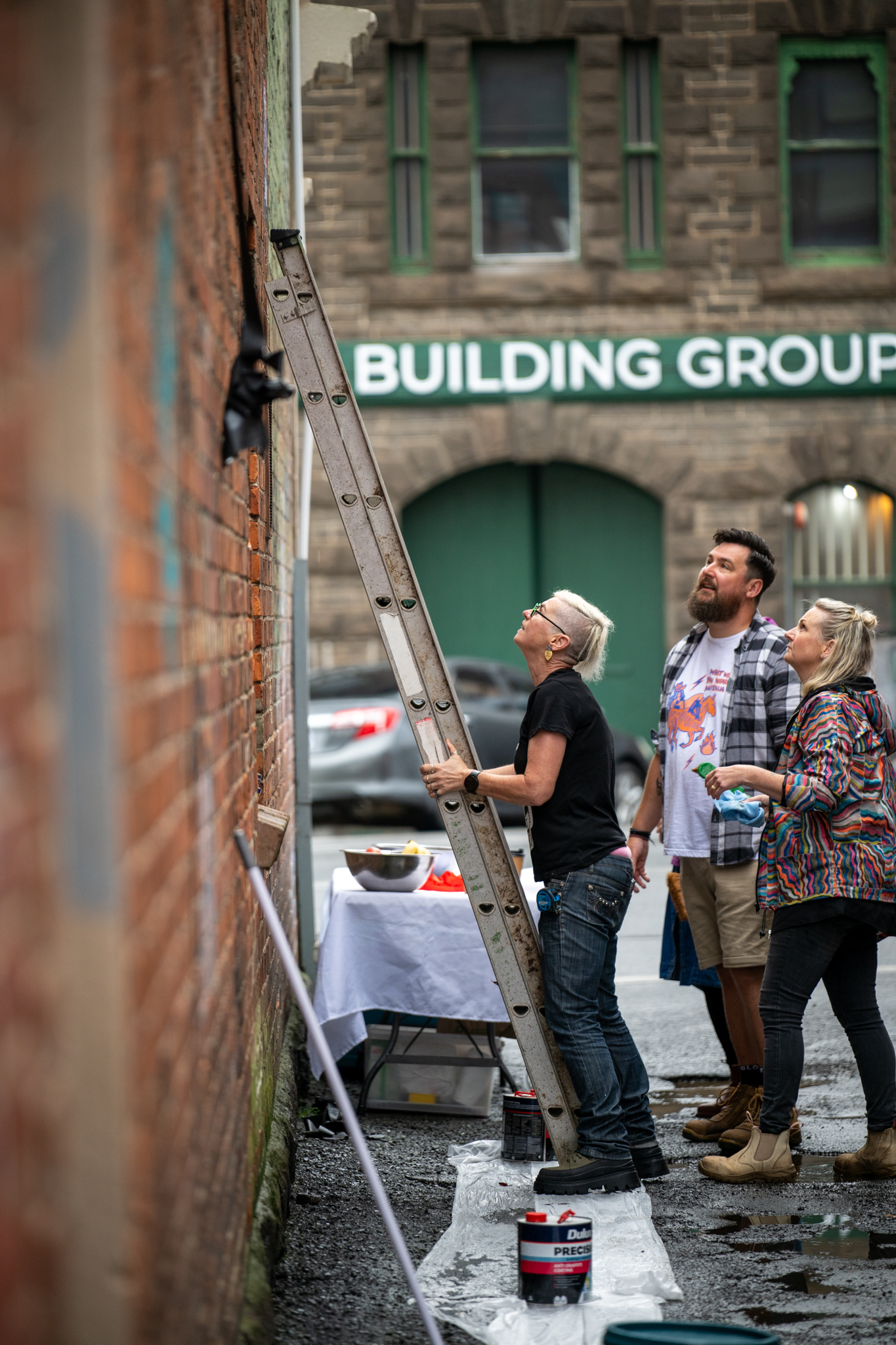 Sherele on a ladder installing the mural with community members