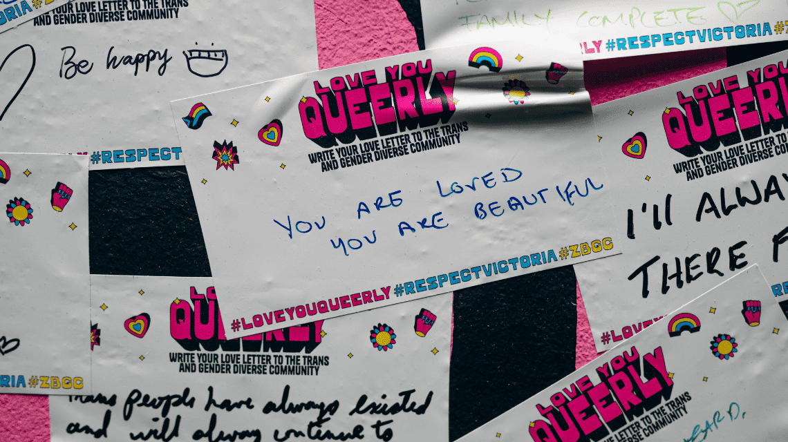 Close up of handwritten messages from the Love You Queerly activation.