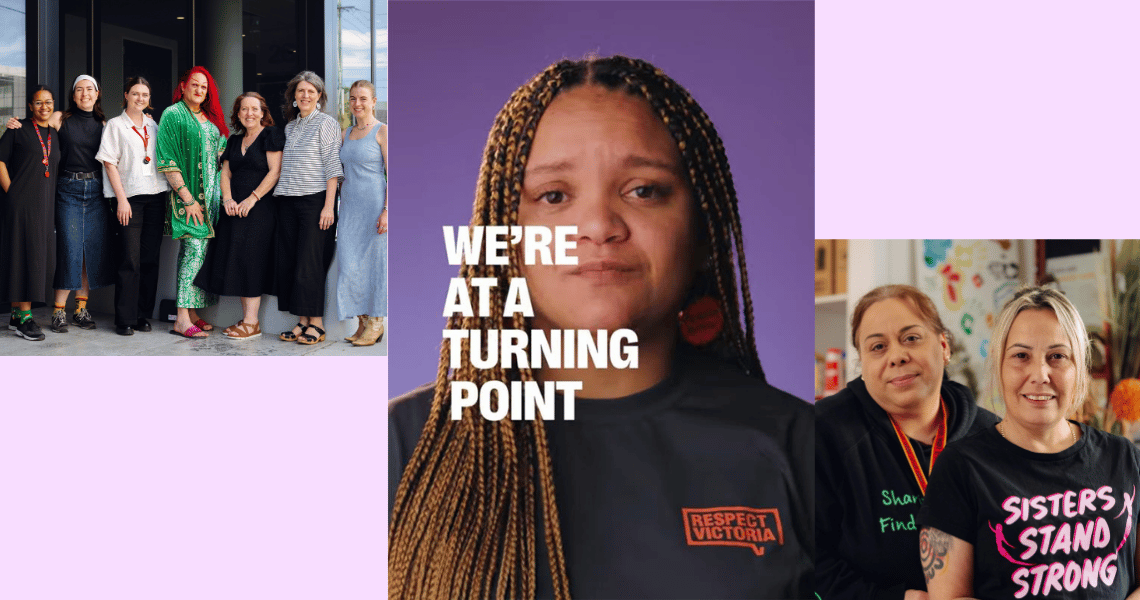 Collage of people whose work is shown in Maintain the Momentum. Central image has text overlain: "We're at a turning point."