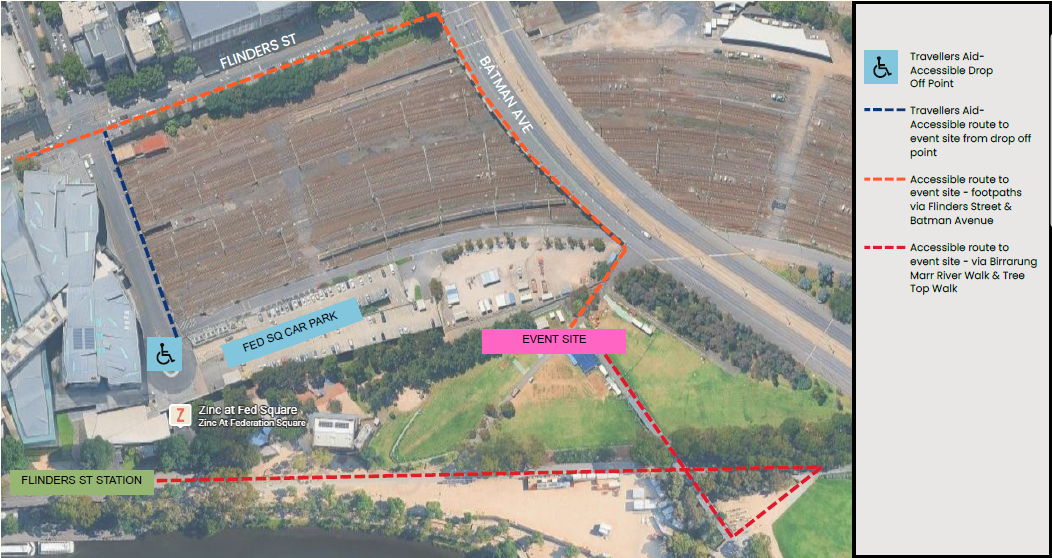 Map showing two ramp access options into Birrarung Marr