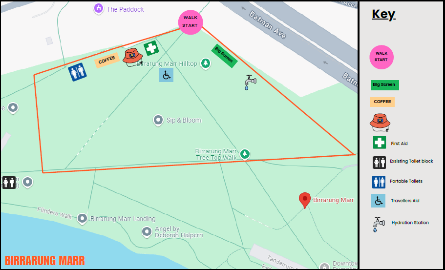 Birrarung Marr site map for the 2026 Walk Against Family Violence. Shows location of meeting points, bathrooms, first aid and other amenities. 