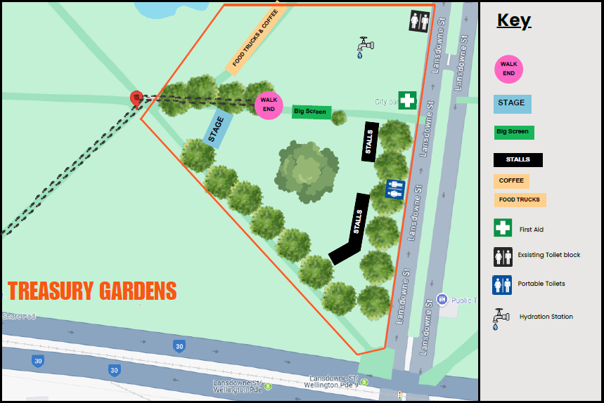 Treasury Gardens site map for the 2026 Walk Against Family Violence. Shows location of stage, vendor stalls, bathrooms, first aid and other amenities. 